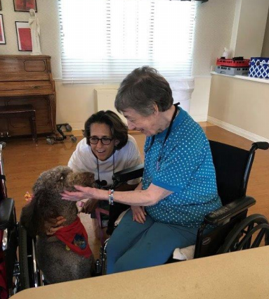 Lily the Service dog with patrons 